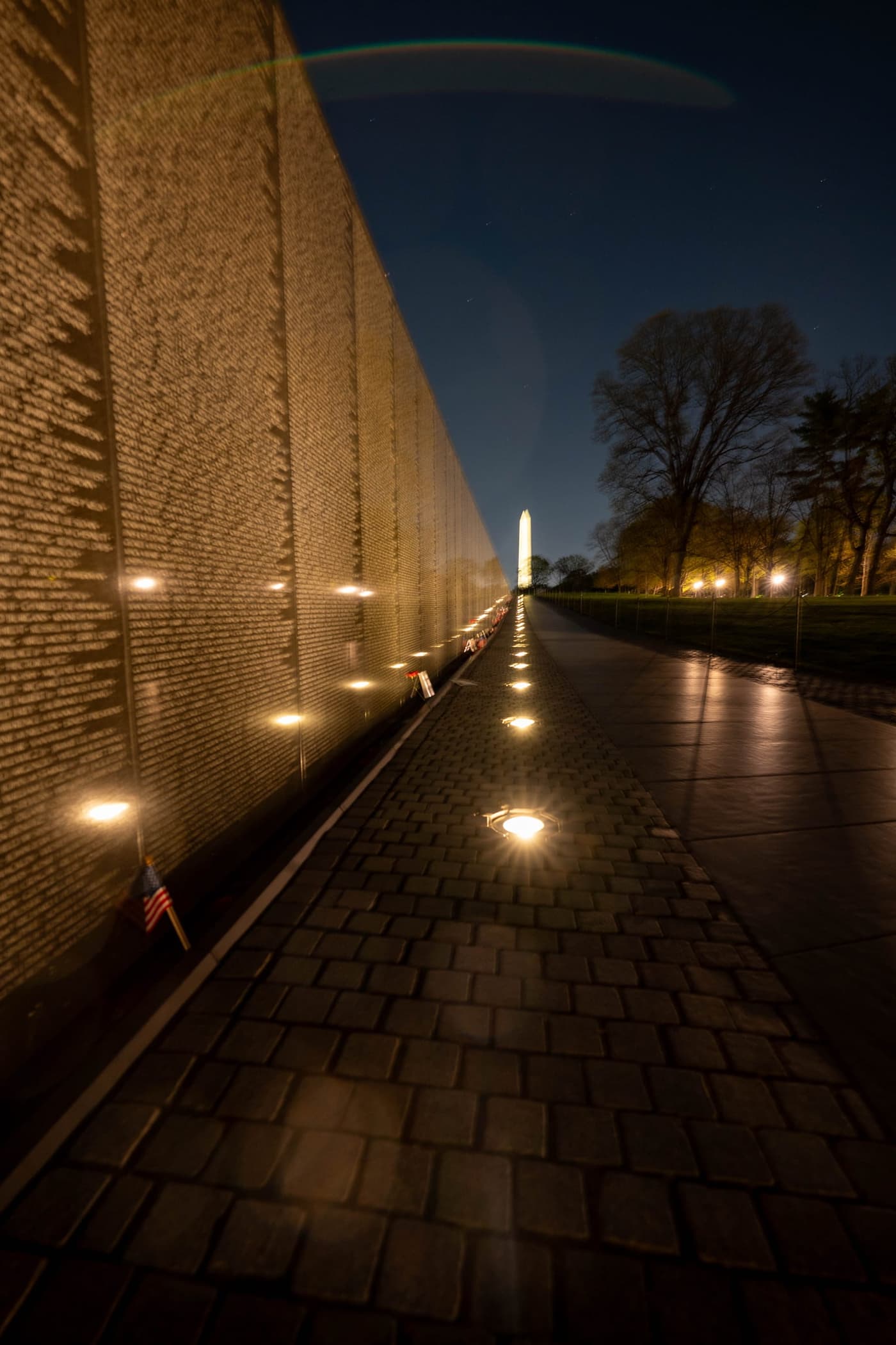 memorial wall washington monument at night